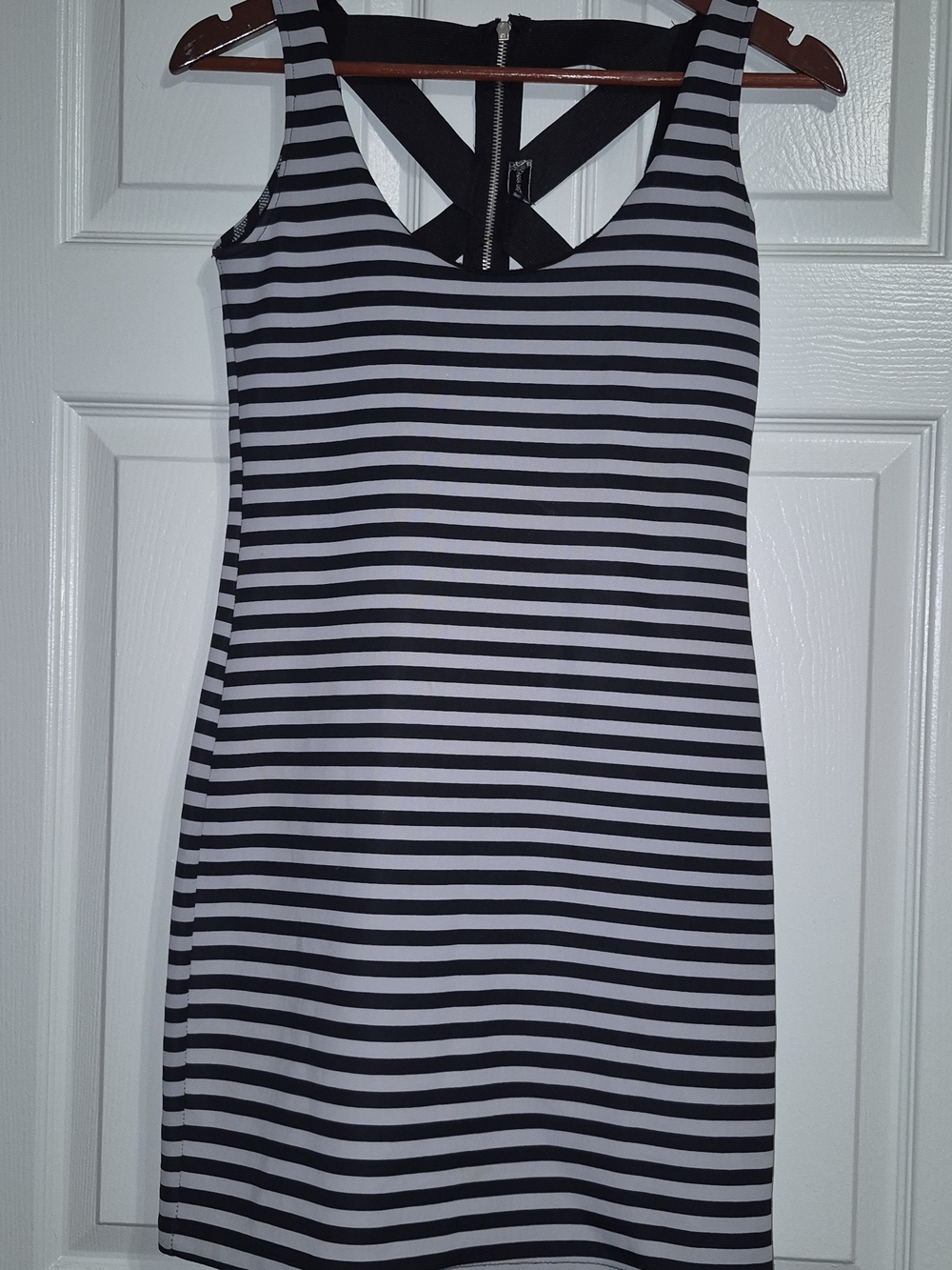 Black and White Striped Mini Dress with Cross-Back
